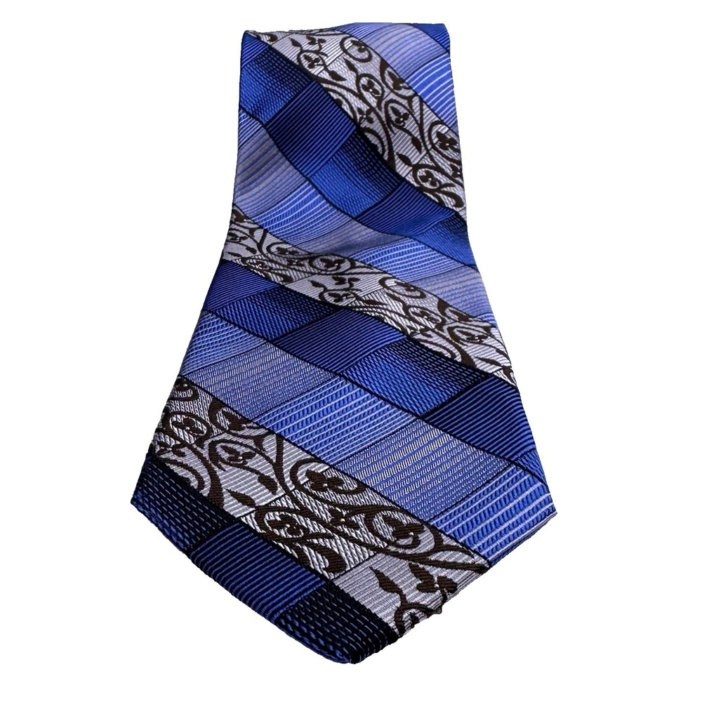 UBC 100% Silk Tie Blue & Brown Paisley Plaid University British Columbia 60"